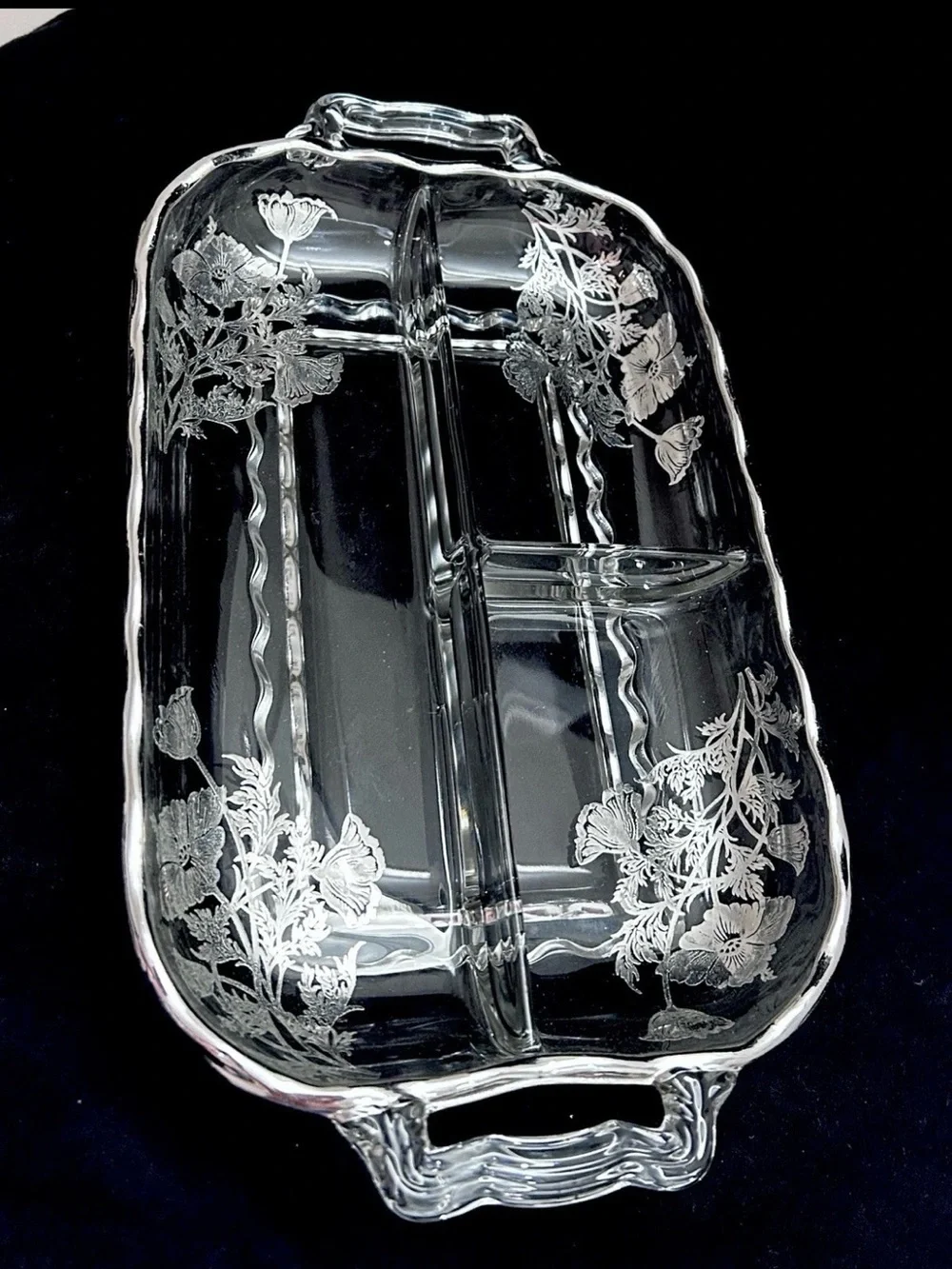 Vtg Silver City Flanders Glass 3-Part Relish Platter Sterling Silver Overlay